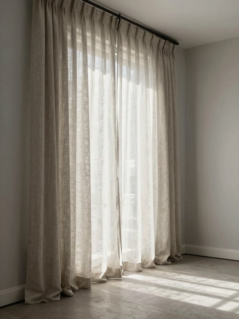 Wide interior shot of a finished living room, soft north-facing natural daylight raking across a linen curtain panel, pale grey wall behind it, architectural proportions visible, empty of people, shot at room scale to show material in situ