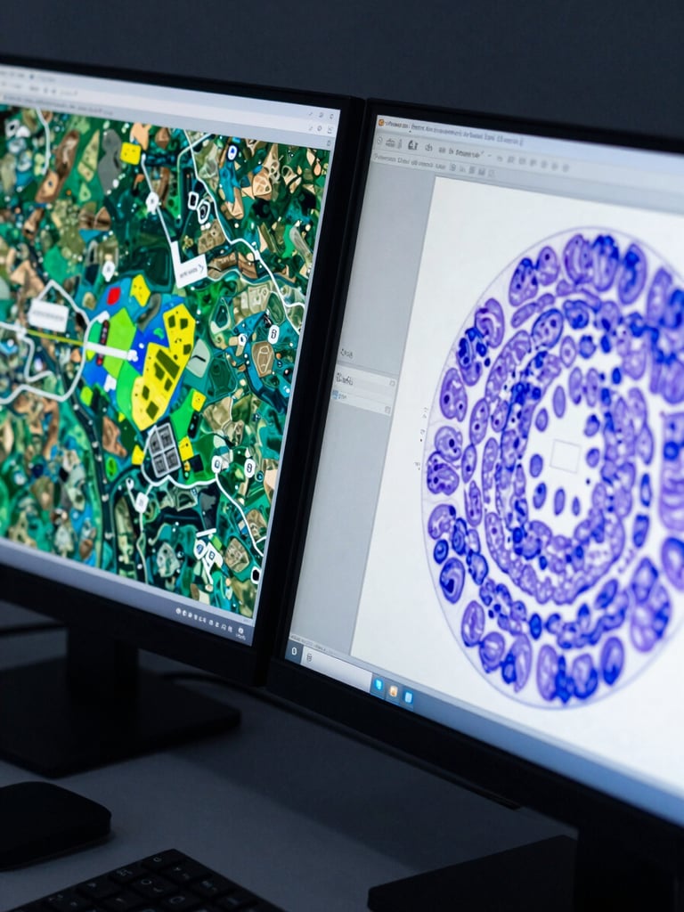 Extreme close-up overhead view of a dual-monitor workstation mid-analysis: left screen shows false-color satellite classification output with labeled terrain polygons, right screen shows a histopathology slide with algorithm segmentation overlays, cool blue-white studio lighting, no people, sharp technical detail