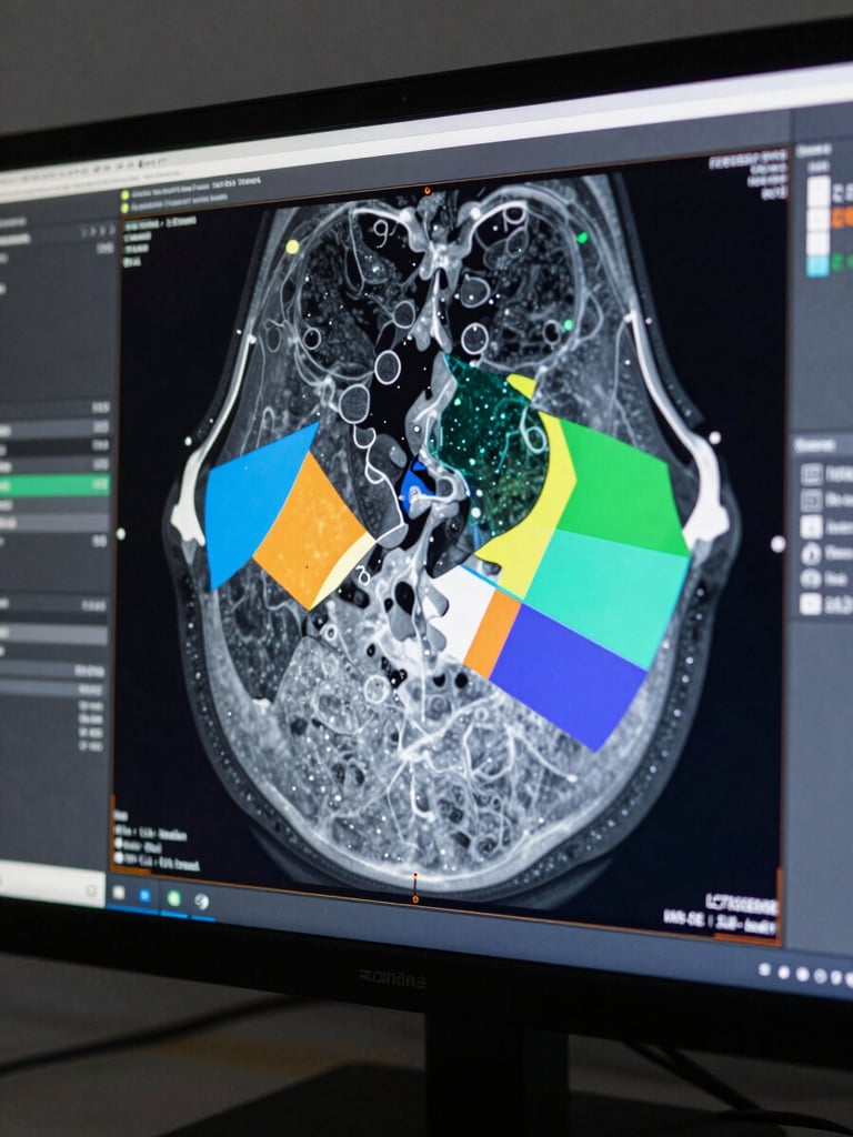 Extreme close-up of a high-resolution monitor screen displaying a segmentation algorithm output over a medical imaging scan, color-coded region overlays, cool studio lighting, no reflections, technical interface visible at edges