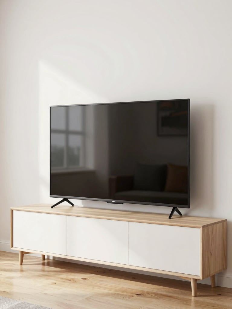 A wide clean shot of a perfectly mounted flat-screen television on a modern living room wall, with no visible wires, bright natural daylight, a neat minimalist console table below, clean hardwood floors
