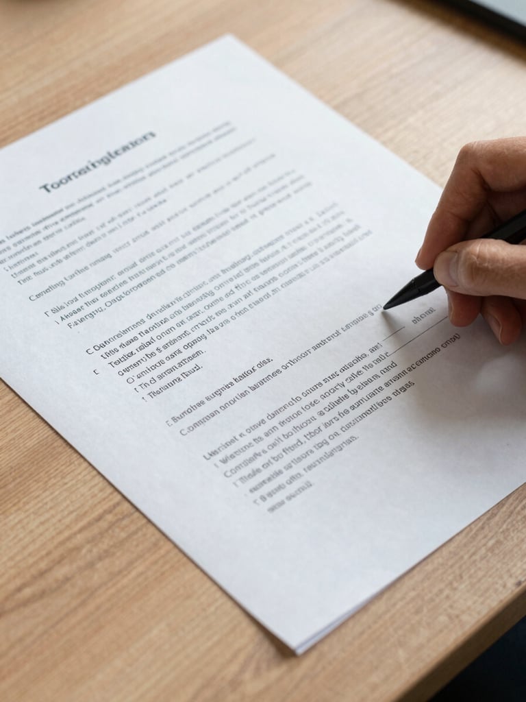 Overhead close-up of contract pages spread across a light oak desk, a hand resting at the edge reviewing a clause, soft north-facing daylight casting gentle shadows across the paper texture, ink visible on a margin annotation