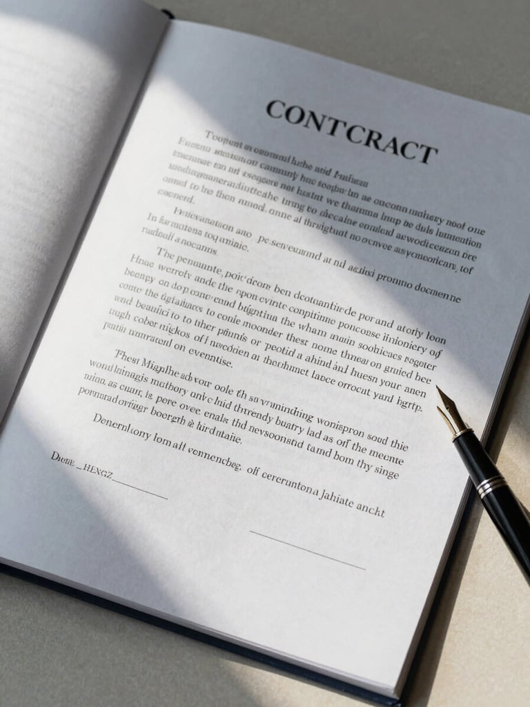 Overhead close-up of a formal government contract document on a pale linen surface, pages fanned slightly, black ink text visible, a fountain pen resting at the lower right edge, soft north-facing daylight from the left casting gentle shadows across the paper texture