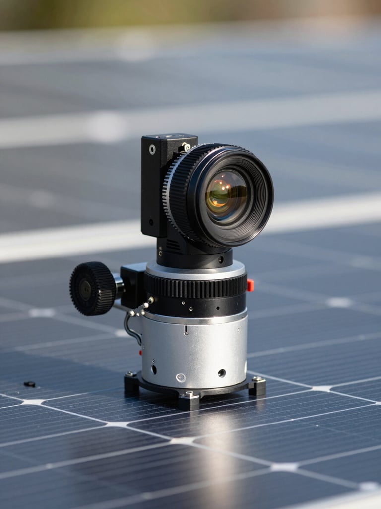 Extreme macro of specialized measurement equipment on a clean solar panel surface, sharp focus, natural daylight