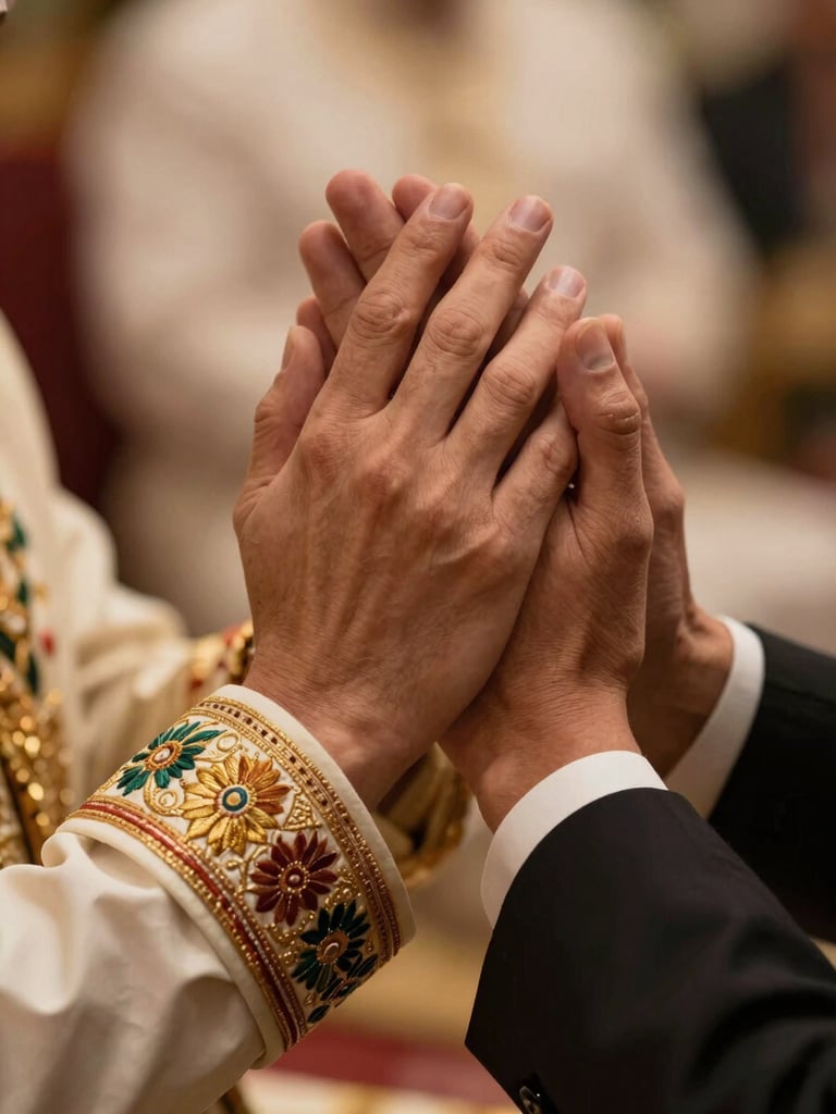 A close-up of two hands respectfully clasped together during a traditional ceremony, warm golden light highlighting the intricate embroidery of their cuffs