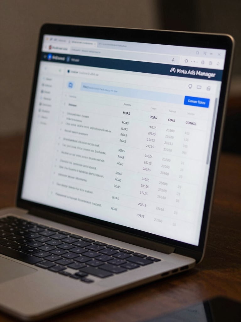 Close-up of a laptop screen displaying a Meta Ads Manager dashboard with campaign performance metrics, ROAS and cost-per-result columns visible, even studio lighting, dark desk surface below