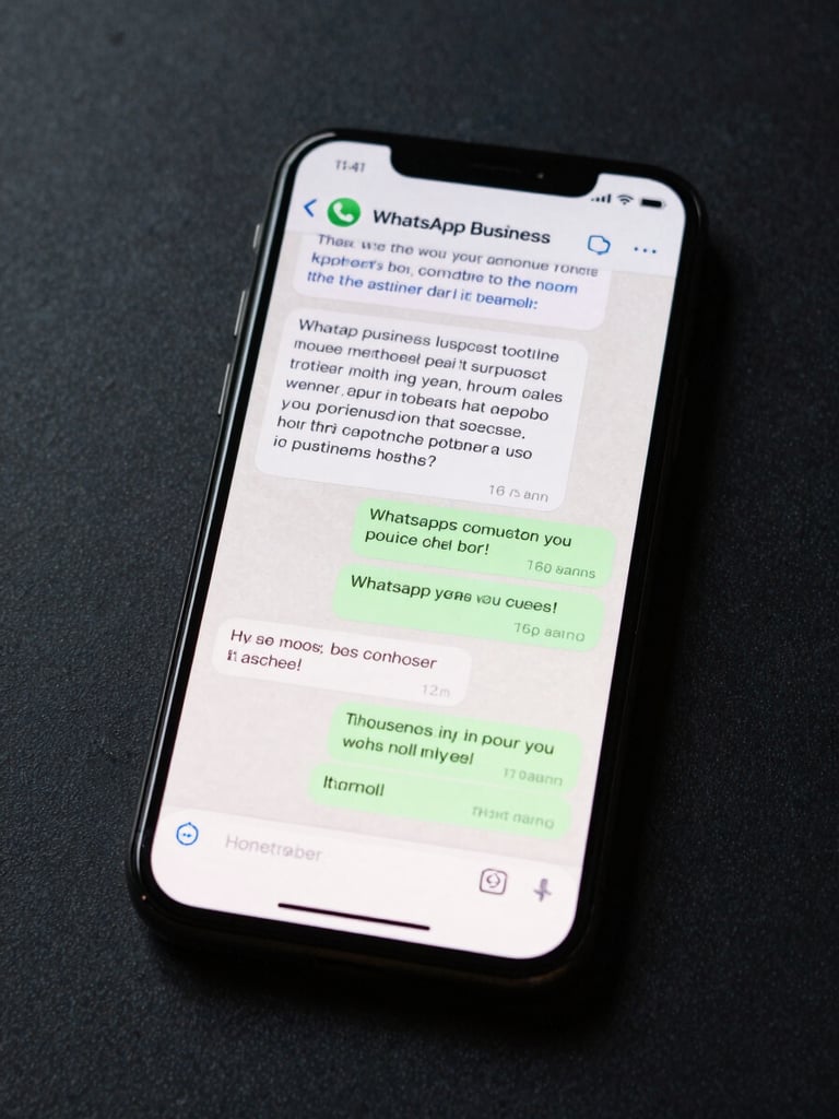 Mobile phone screen showing a WhatsApp Business conversation thread with a customer inquiry about a product and a confirmed purchase reply, bright daylight lighting, screen text clearly legible, dark minimal background surface