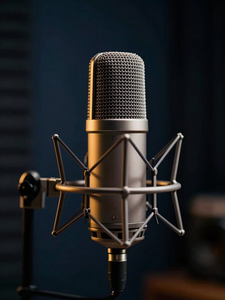 Cinematic close-up of a professional podcast microphone in a dark-mode studio, warm golden rim light, deep navy shadows, 35mm lens.