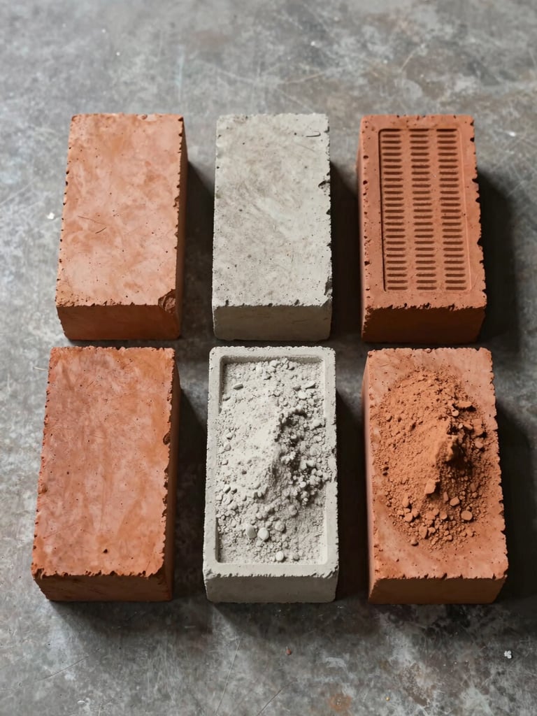 Overhead flat-lay of refractory product samples arranged in a row — high-alumina bricks, standard fire bricks, and a castable powder tray on a warehouse concrete floor under controlled overhead lighting, strong material texture visible