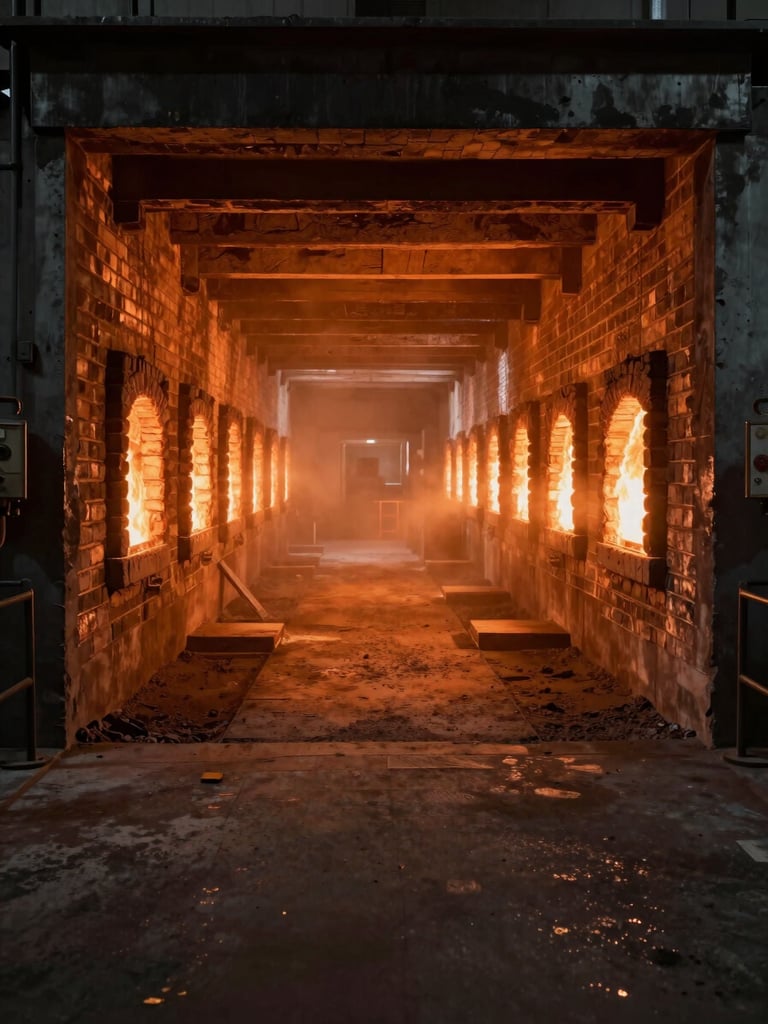 Wide panoramic furnace interior, glowing refractory brick lining visible along the walls, molten heat haze in the center channel, controlled industrial lighting, shot from inside looking toward the far end — subject placed right-center with open dark foreground on left