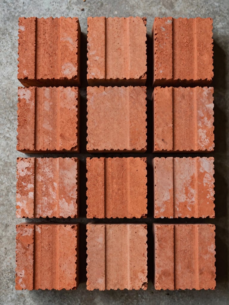 Overhead flat-lay of refractory fire bricks arranged in a precise grid on a concrete floor under controlled warehouse lighting, showing dense brick texture, chamfered edges, and colour variation from buff to orange-red, no people