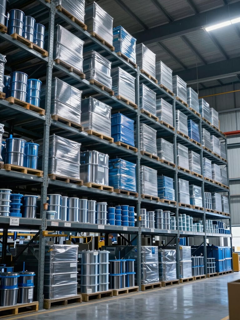 Wide-angle high-contrast shot of a massive, organized UAE industrial warehouse with steel racks loaded with welding consumables, cool blue and silver lighting.