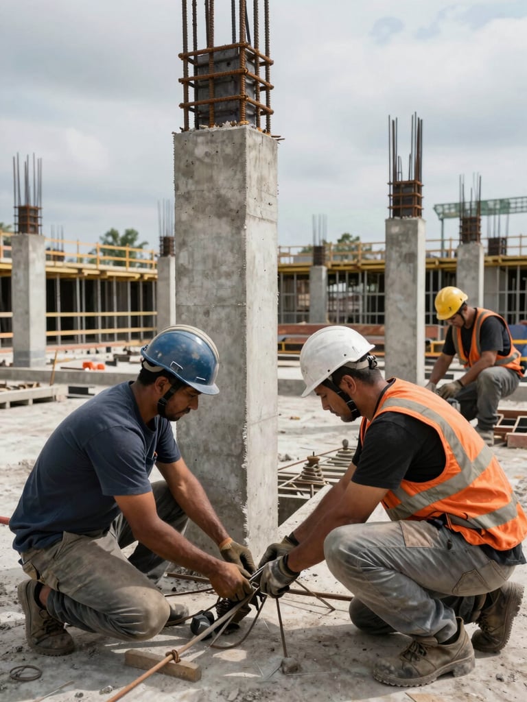 Wide eye-level shot of a construction crew at work on a reinforced concrete frame, overcast natural daylight, workers focused on placing rebar ties in the foreground, unfinished column forms visible mid-ground, building site extending into background depth — no posed faces, all task-focused