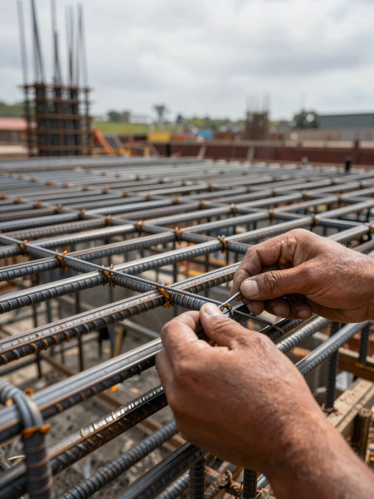 Close-up of steel rebar lattice being assembled on a construction site, overcast natural daylight, hands of a worker tying wire visible in the foreground, concrete formwork in the background, no staged poses