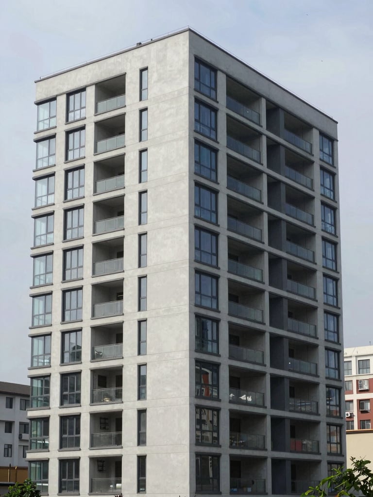 Eye-level wide shot of a completed multi-storey commercial building exterior, clean facade with concrete and glass panels, photographed in natural overcast daylight — no people, architectural clean-up framing, full building height visible, urban context at the edges