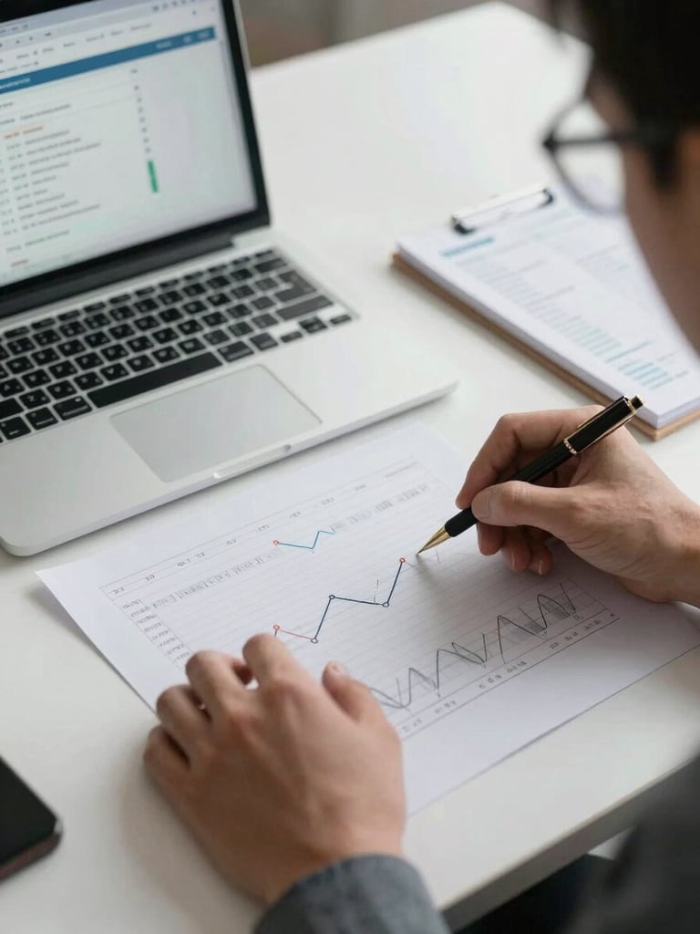 Close-up overhead shot of a professional analyst's hands reviewing printed performance charts and a laptop screen showing a paid-search dashboard, clean desk surface, cool studio lighting, sharp focus on data printouts