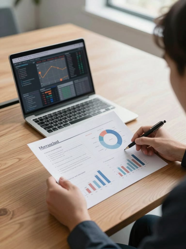 Close overhead shot of a marketing strategy session, hands holding a printed analytics report over a wooden conference table, laptop screen visible showing a campaign performance dashboard, soft natural light from a nearby window, clean professional office environment