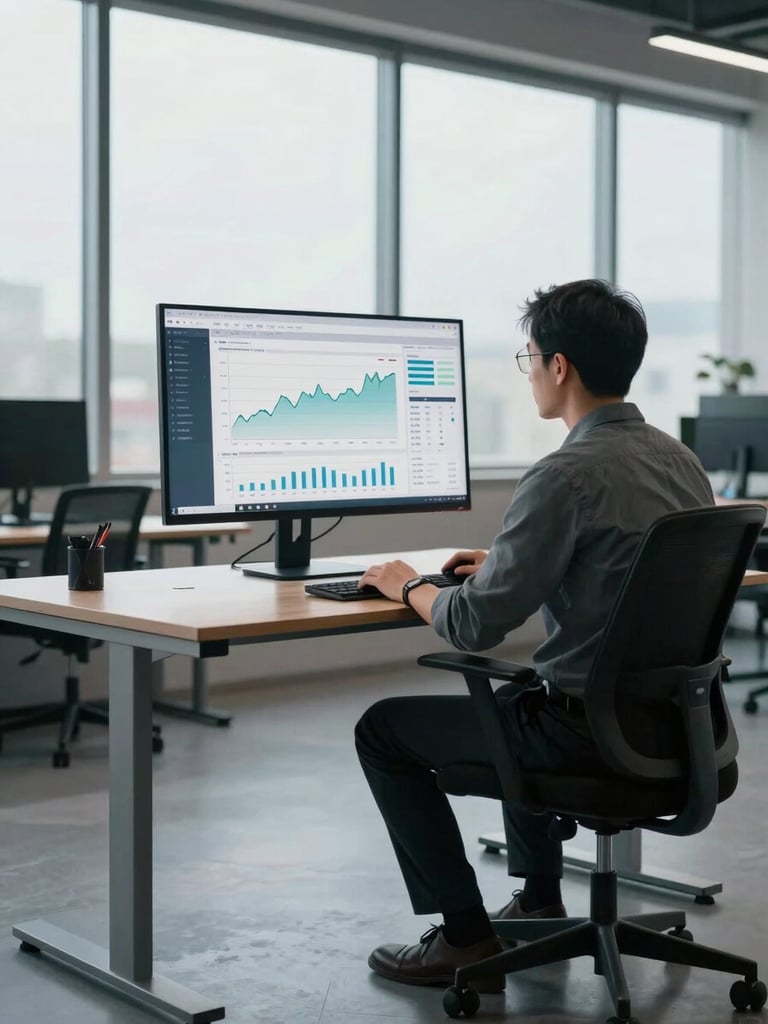 Wide shot of a professional at a standing desk in a minimal open office, large monitor showing an SEO analytics dashboard with traffic trend lines, cool daylight from large windows behind, focused and calm working environment