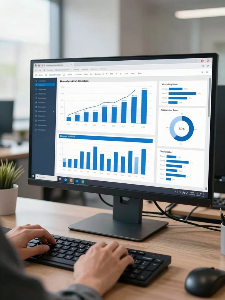 Wide-angle view of a clean corporate office monitor displaying a marketing analytics dashboard with blue and white charts, a professional's hands resting on a keyboard in the foreground, natural daylight from the left, sharp focus on the data visualization
