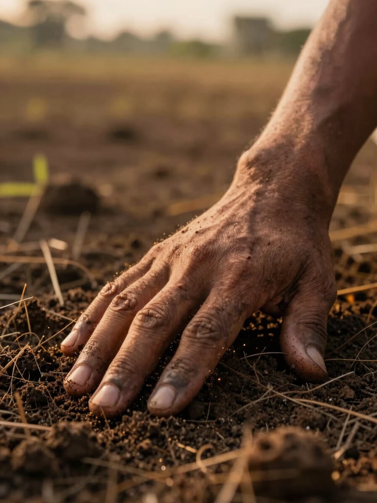 Close-up of weathered hands pressing into dark moist Indian soil, fingers partially submerged, golden-hour side-light illuminating fine soil particles and root fibres against a soft field background, shallow depth-of-field, warm amber and deep brown tones