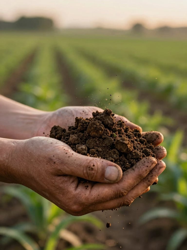 Extreme macro study of a cupped pair of weathered hands holding dark, crumbly, mineral-rich soil against a blurred agricultural field in late golden-hour sidelight, shallow depth-of-field, fine soil particles visible mid-air, warm earthy terracotta and deep green tones