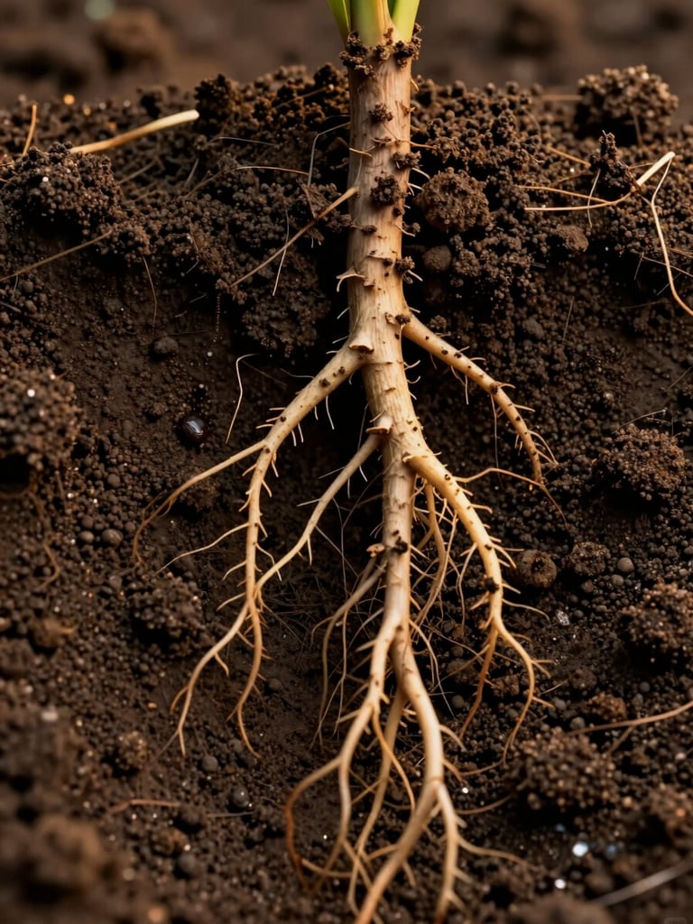 Macro photograph of a plant root system breaking through dark moist Indian soil, golden-hour side-light illuminating individual root hairs and soil particles, shallow depth-of-field, cinematic and tactile, no human figures, no products