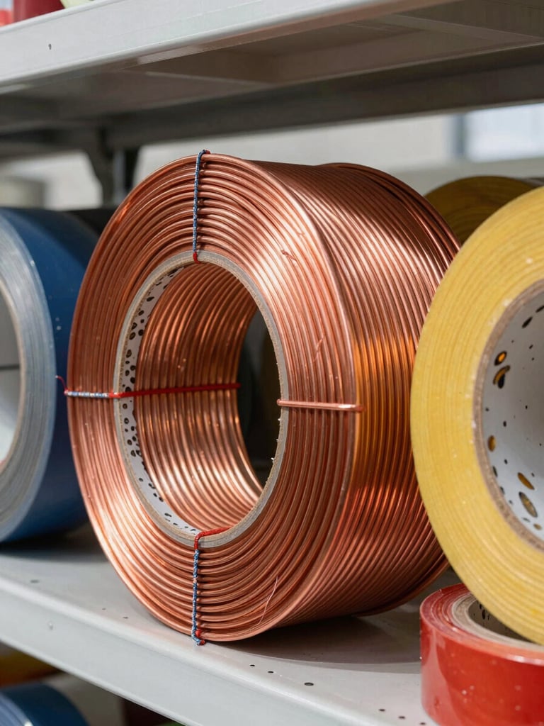 Sharp close-up of heavy-duty copper wiring coils and rolls of colored insulation tape on a clean warehouse rack, bright daylight, 35mm lens