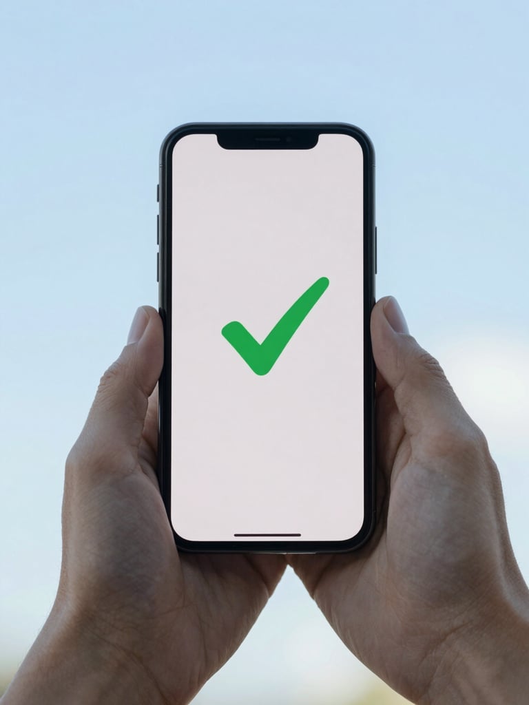 A person's hands holding a modern smartphone displaying a clean, reassuring green checkmark on a payment confirmation screen, soft natural daylight, calm blue tones, 35mm