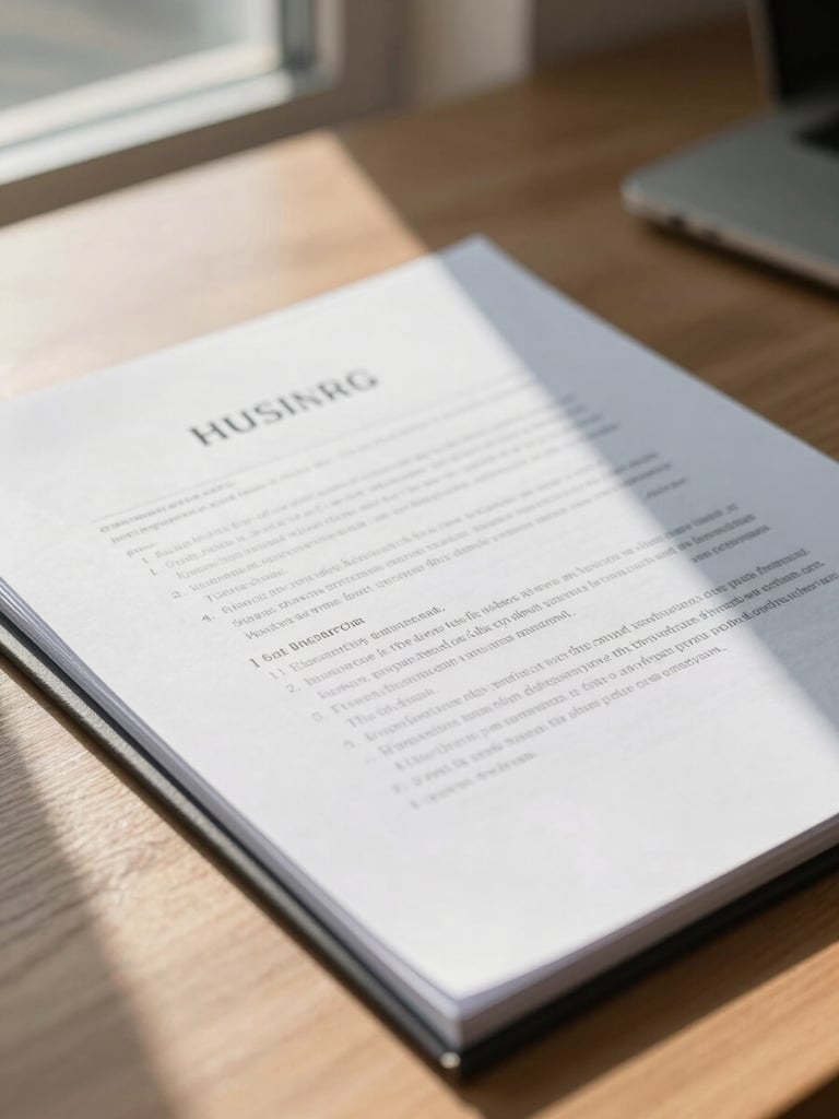 Close-up detail of open business contracts on a wooden desk in a professional office, natural light from a side window casting soft shadows across the document pages, a stapler and folder visible at the edge, no people, warm neutral environment