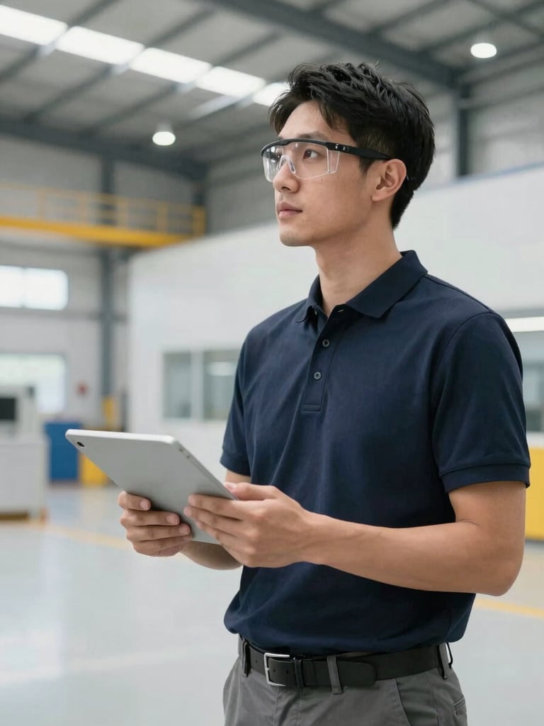 A professional male industrial safety consultant in a dark navy polo shirt and safety glasses holding a tablet, standing in a bright, modern industrial facility, clean professional lighting, sharp focus