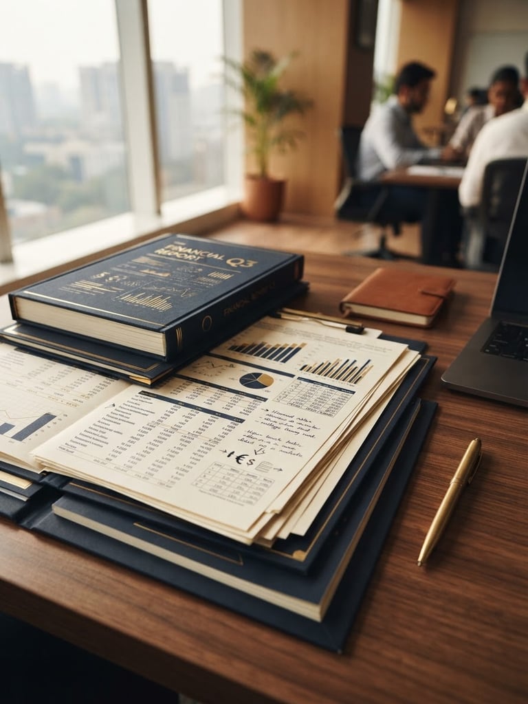 Warm editorial photography of a professional workspace in Gurugram, close-ups of neatly organized financial documents, soft natural daylight, sharp focus, 35mm