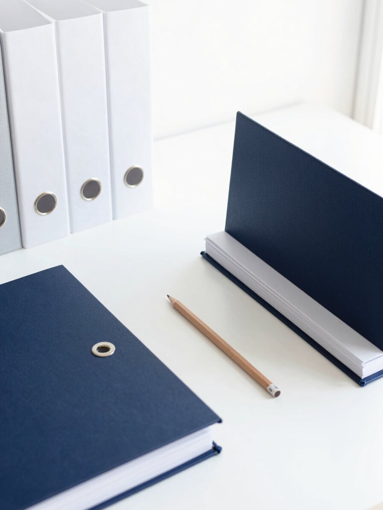 Meticulous workspace with structured office files, high-quality stationery, and a single short pencil, bright north-facing daylight, minimalist editorial photography