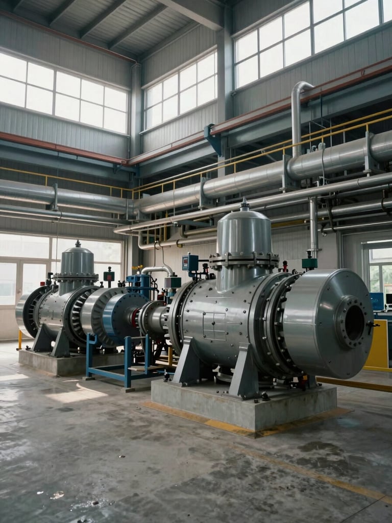 Wide shot of a completed industrial installation inside a plant facility—large mechanical equipment anchored to a concrete floor, overhead piping and cable trays running across the ceiling, overcast daylight filtering through high clerestory windows, no personnel visible, emphasizing the scale and order of the finished system