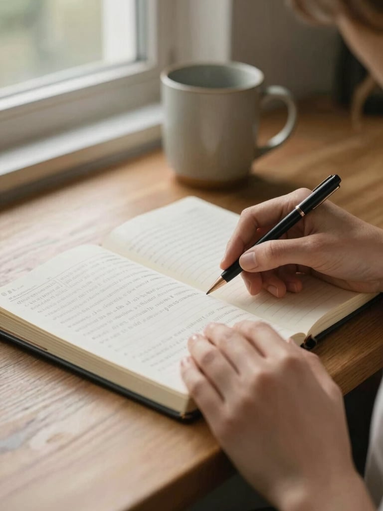 Close environmental shot of a woman's hands resting on an open cycle-tracking notebook on a wooden table, soft natural window light from the left, a ceramic mug slightly out of focus in the background, warm morning daylight, intimate and calm
