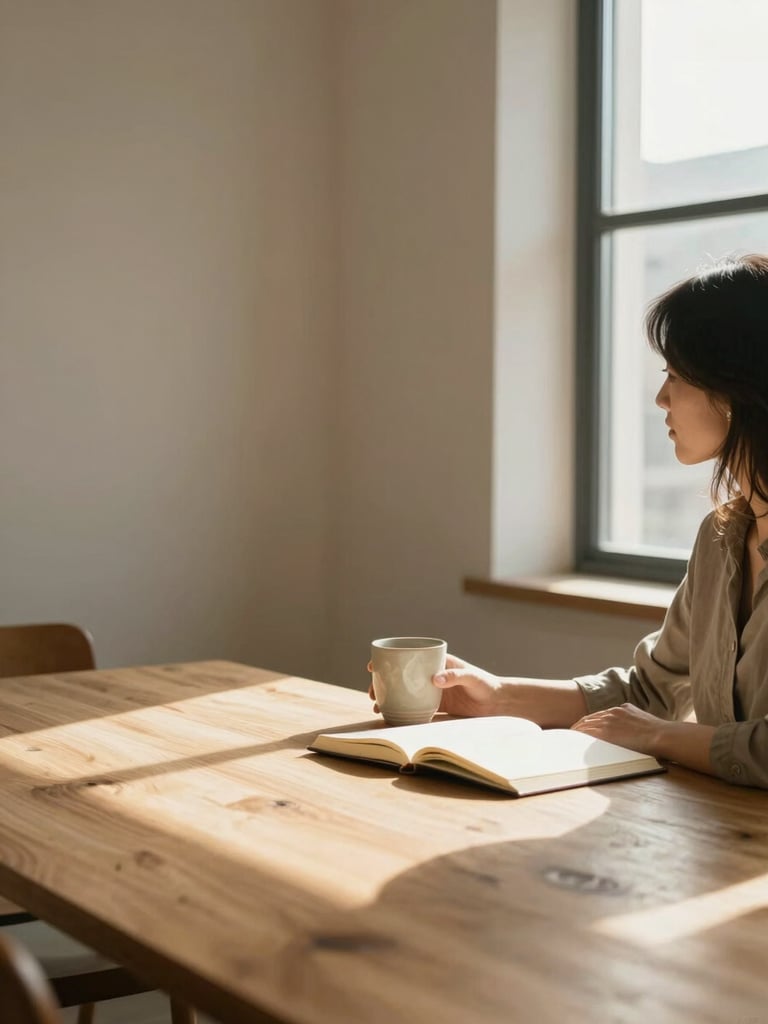 Wide environmental shot from the right edge — a woman seated at a light wooden table near a tall window, daylight streaming in from the right, an open notebook and ceramic mug in front of her, warm interior tones, unhurried and calm, face not visible