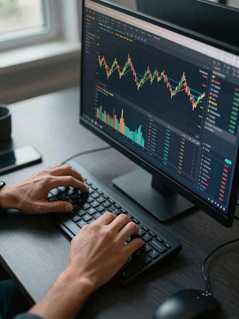Overhead close-up of hands navigating a treasury dashboard on a large monitor, real-time liquidity charts visible, cool daylight through a window casting precise shadows, dark desk surface, operational environment