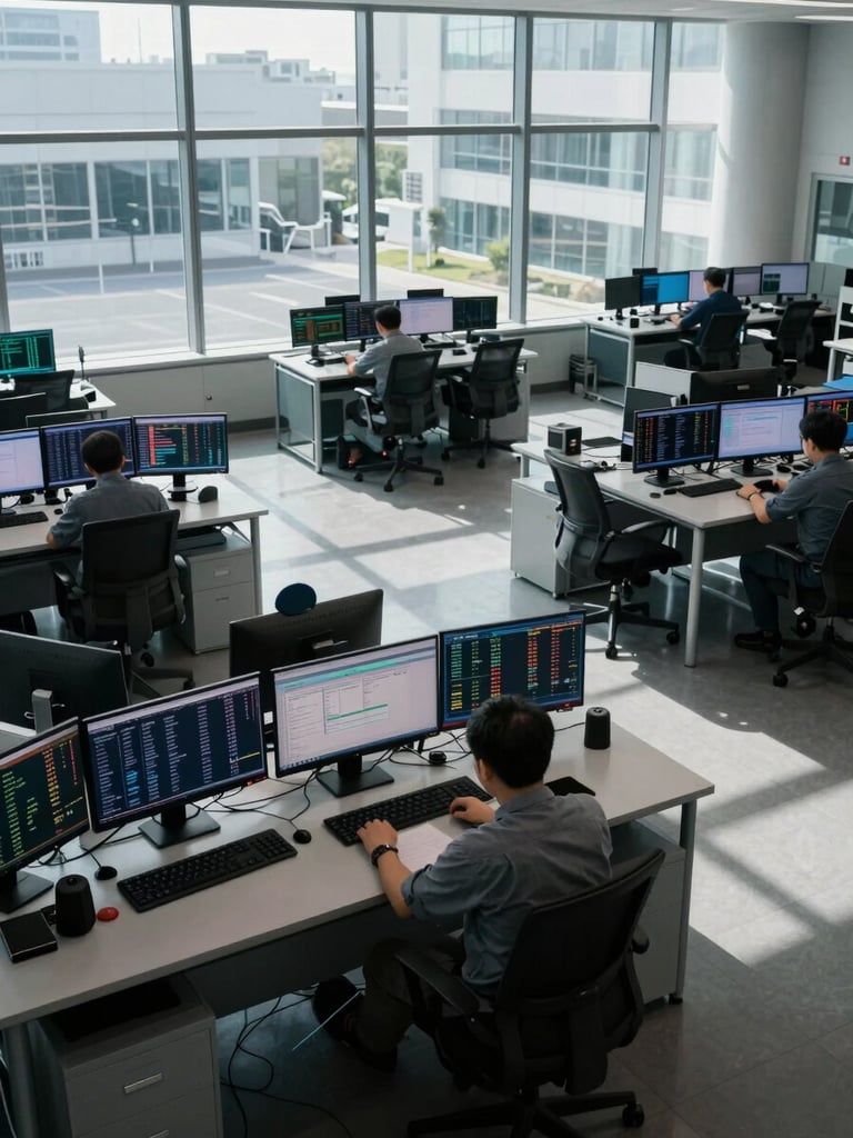 Wide-angle overhead view of a financial operations center at work hours, multiple monitors displaying transaction dashboards and FX rate feeds, hard cool daylight through tall windows casting precise shadows across empty desk surfaces, no people visible