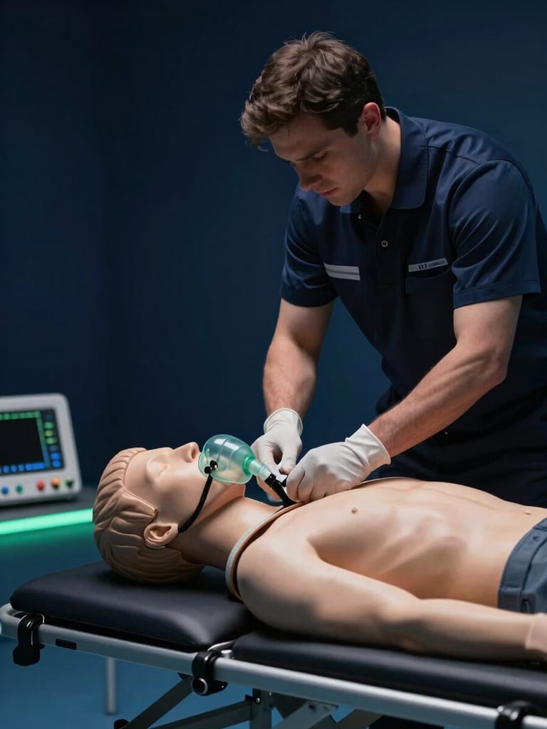 Close-medium frame, cool studio strobe light: gloved hands of a paramedic applying a cervical collar to a mannequin on a training stretcher, oxygen mask and monitoring equipment visible on the surface beside the stretcher, deep navy background with a thin slice of clinical green accent light cutting across the lower third, surgical clarity, no warm tones, cinematic contrast