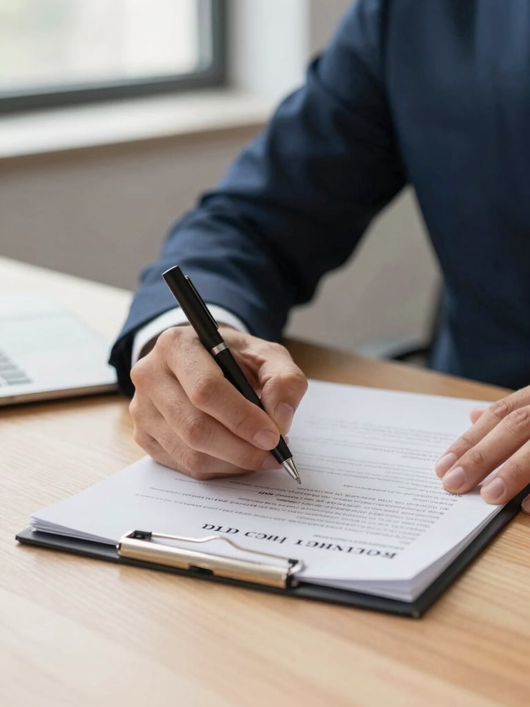 Close-up of focused hands signing high-quality corporate documents on a clean wooden desk, soft natural window light, shallow depth of field, warm sand tones