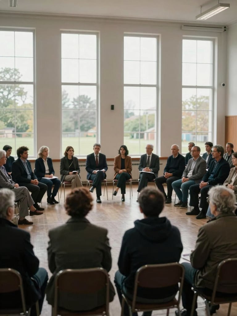 Wide environmental shot of a community assembly hall, rows of seated citizens engaged in civic dialogue, overcast natural light through tall windows, purposeful and serious atmosphere, documentary framing from the back of the room