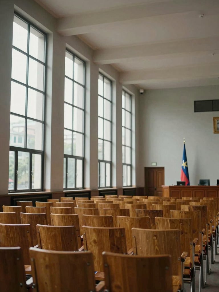 Wide environmental shot of a civic hall interior, overcast daylight streaming through tall windows on the left, rows of empty wooden chairs in the foreground, a podium and national flag visible in the far right third, serious and institutional atmosphere
