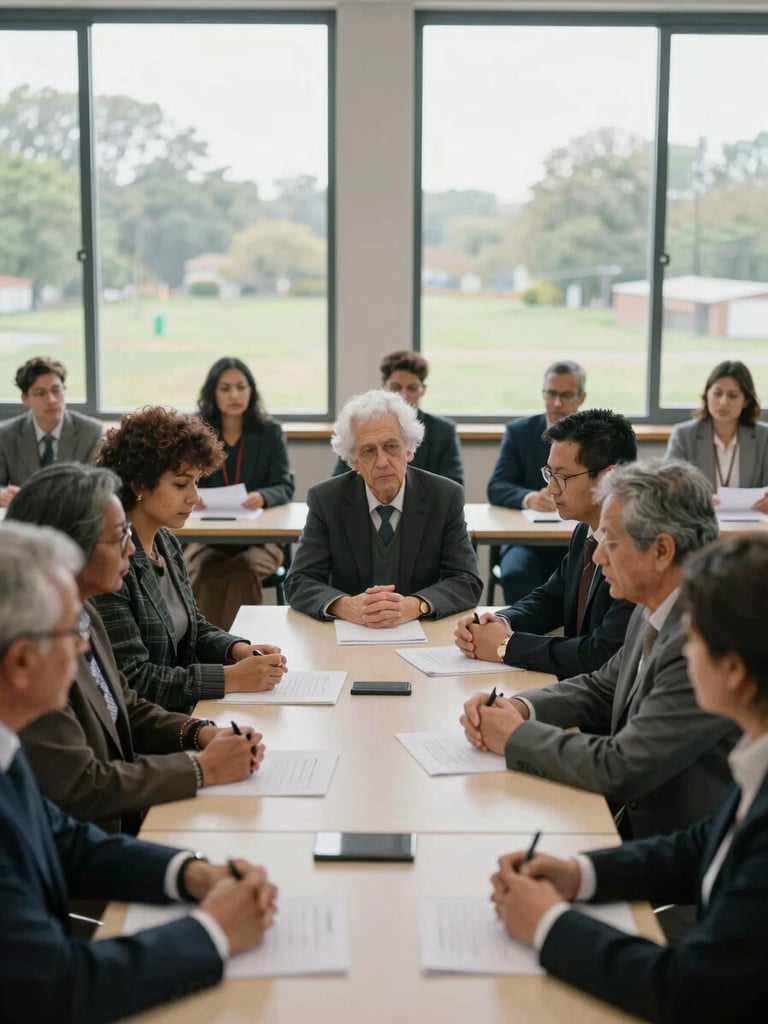 Wide environmental shot of a diverse group of citizens seated around a table in a civic hall, engaged in serious discussion over documents, overcast daylight through tall windows, mid-shot showing hands and faces with purposeful expressions, no flags or religious symbols