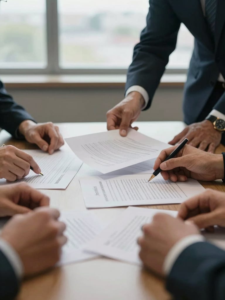 Close-up of hands from multiple people collaboratively reviewing printed policy documents on a conference table in a civic office, overcast natural light from a side window, purposeful and focused atmosphere, no faces fully visible
