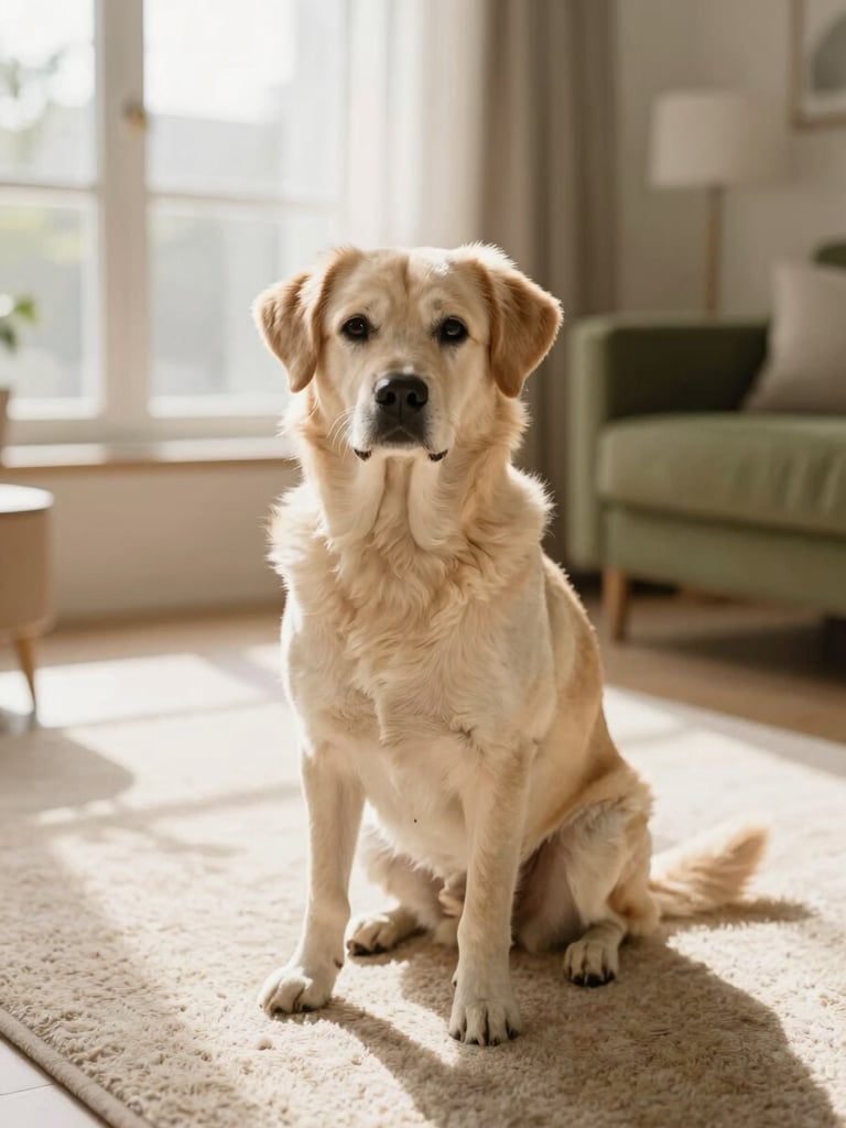 A beautiful adult dog sitting elegantly on a soft beige rug in a sunlit modern living room, warm editorial photography, soft window light, rich cream and olive tones, 35mm