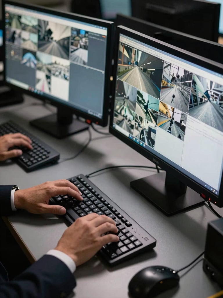 Close-up overhead view of a command center workstation, multiple monitors displaying surveillance grid feeds, hands of a formally dressed analyst visible on keyboard, sharp studio strobe lighting creating high-contrast shadows on dark surfaces, tactical precision framing