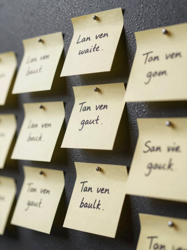 Close-up macro shot of messy post-it notes with handwritten Dutch text on a dark petrol wall, sharp studio lighting, high contrast.