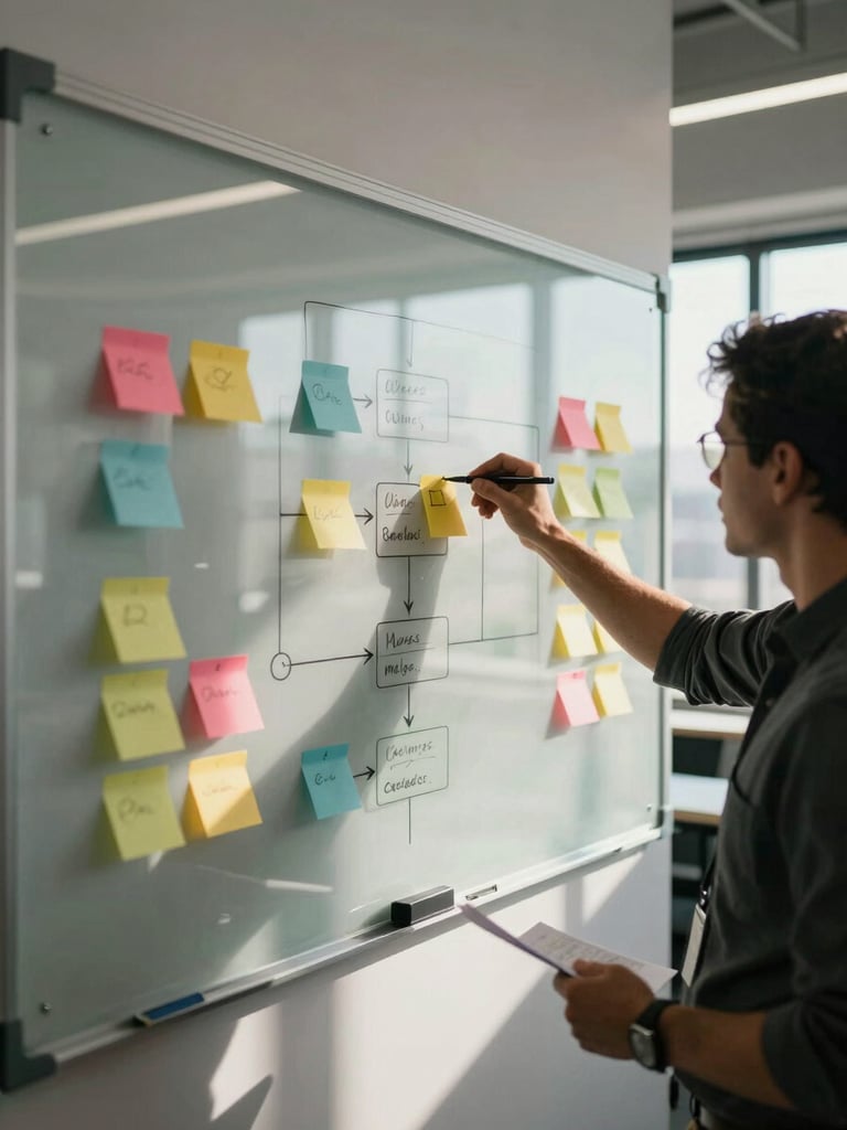 Dynamic over-the-shoulder shot of a modern enterprise workshop, a team mapping out a user flow on a large glass whiteboard with colorful post-it notes, high-contrast natural light, deep shadows.