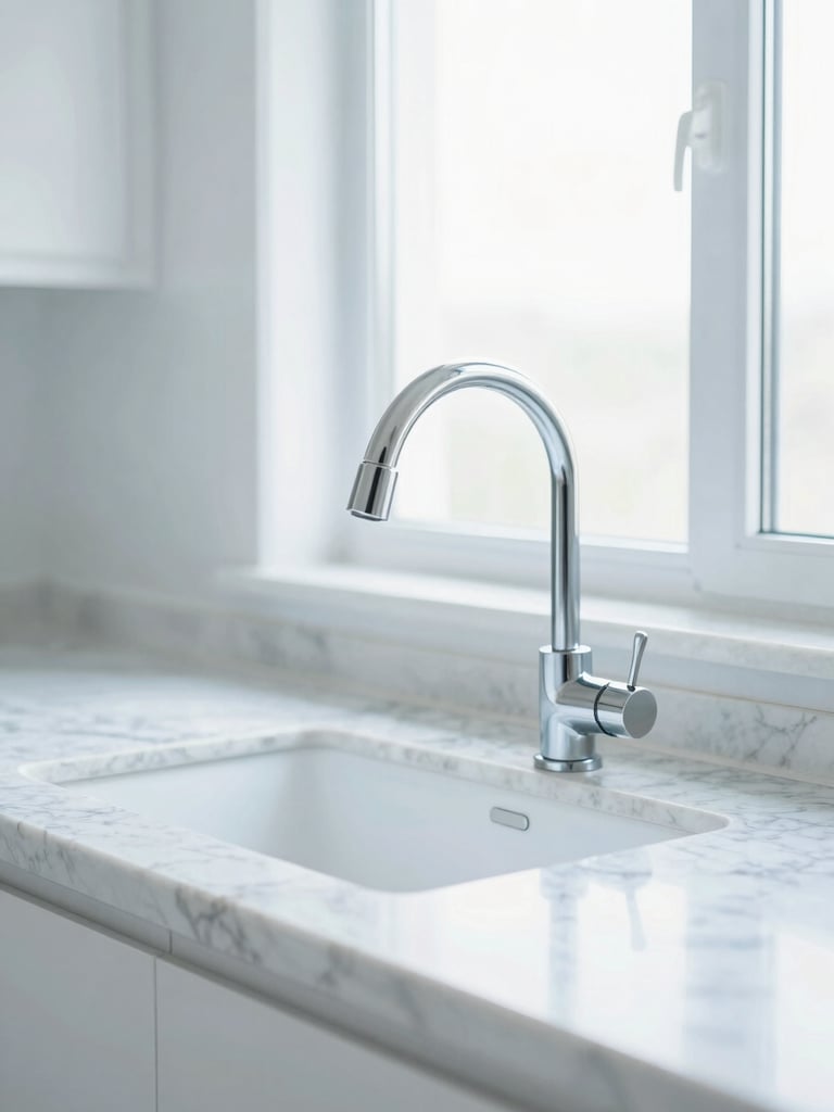 Close-up of a freshly polished marble kitchen countertop with a gleaming faucet, bright high-key daylight, clean white and soft blue tones, crisp details