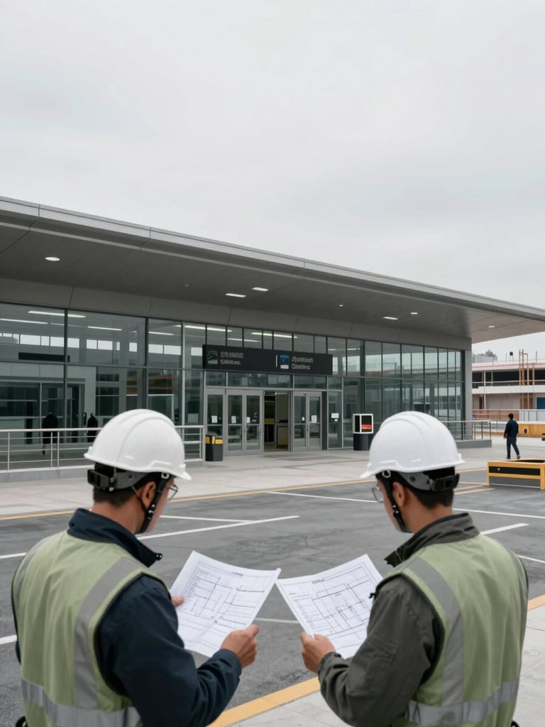Wide shot of a modern, sleek transit hub under construction, with engineers reviewing blueprints in the foreground, crisp overcast daylight, desaturated slate tones, 35mm