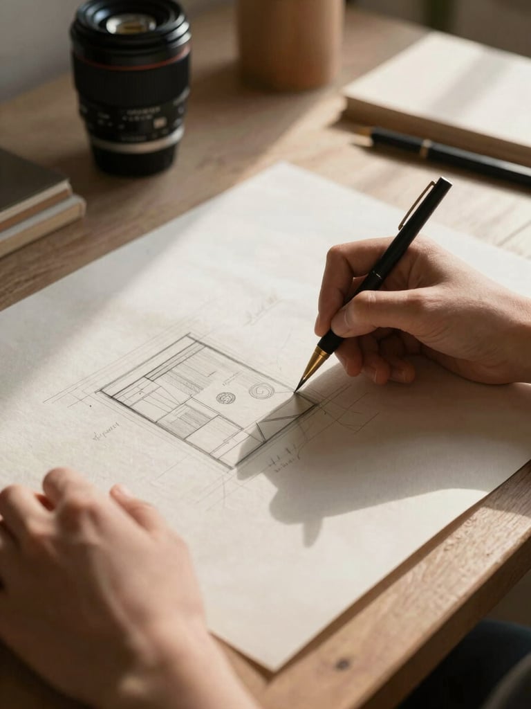 Soft morning light illuminating a quiet Portland workspace, hands sketching layout ideas on textured handmade paper, warm linen tones