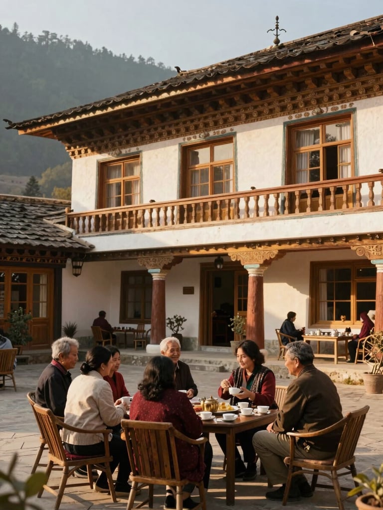 A warm, sunlit heritage hotel courtyard in the Himalayan foothills, with a multi-generational family sitting together enjoying afternoon tea, soft golden hour light.
